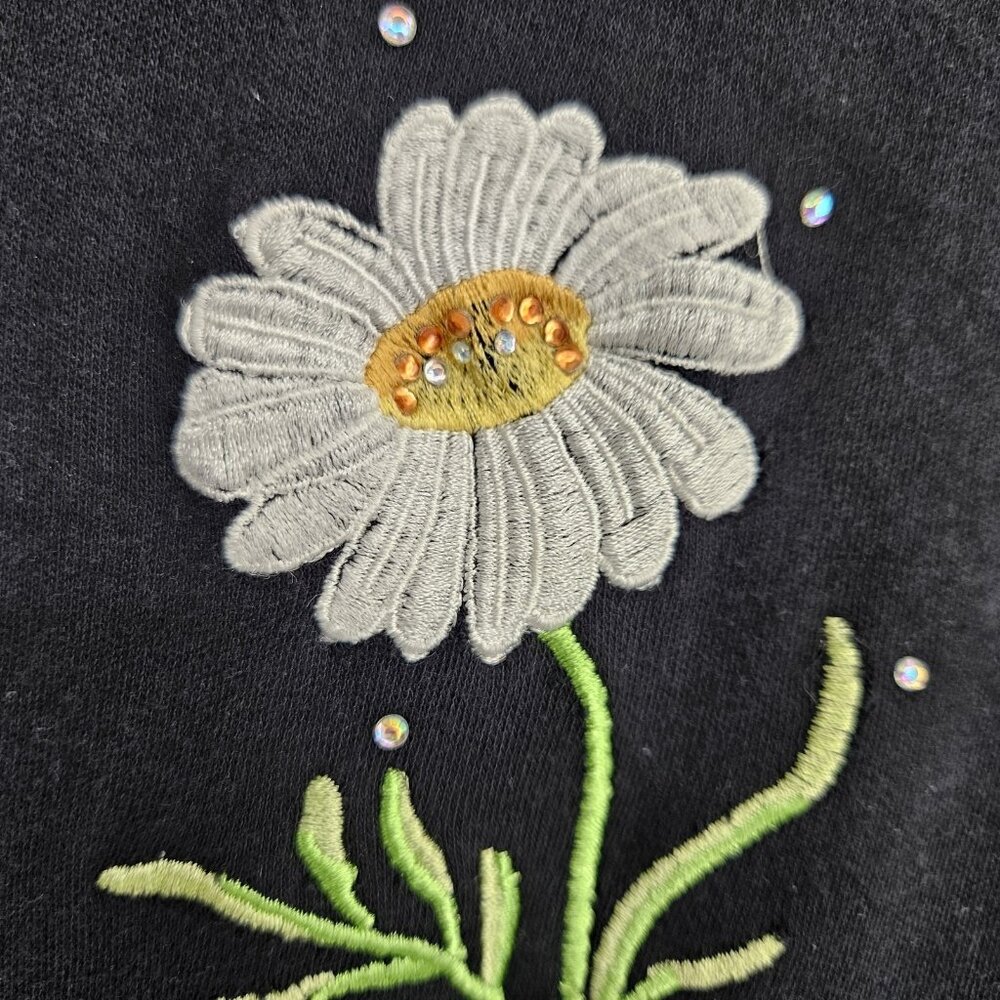 Black Daisy Embroidered Shirt Womens Large Floral Beaded 3/4 Sleeve Tunic Top - Picture 4 of 9